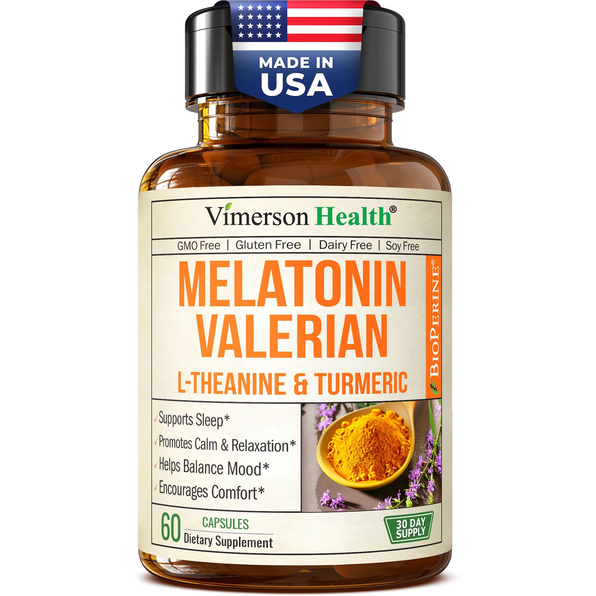 Vimerson Health melatonin sleep aid bottle promotes restful nights.