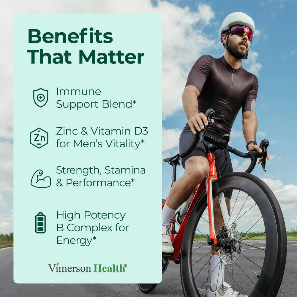 Vimerson Health Men Multivitamin bottle back label highlights key ingredients for daily use