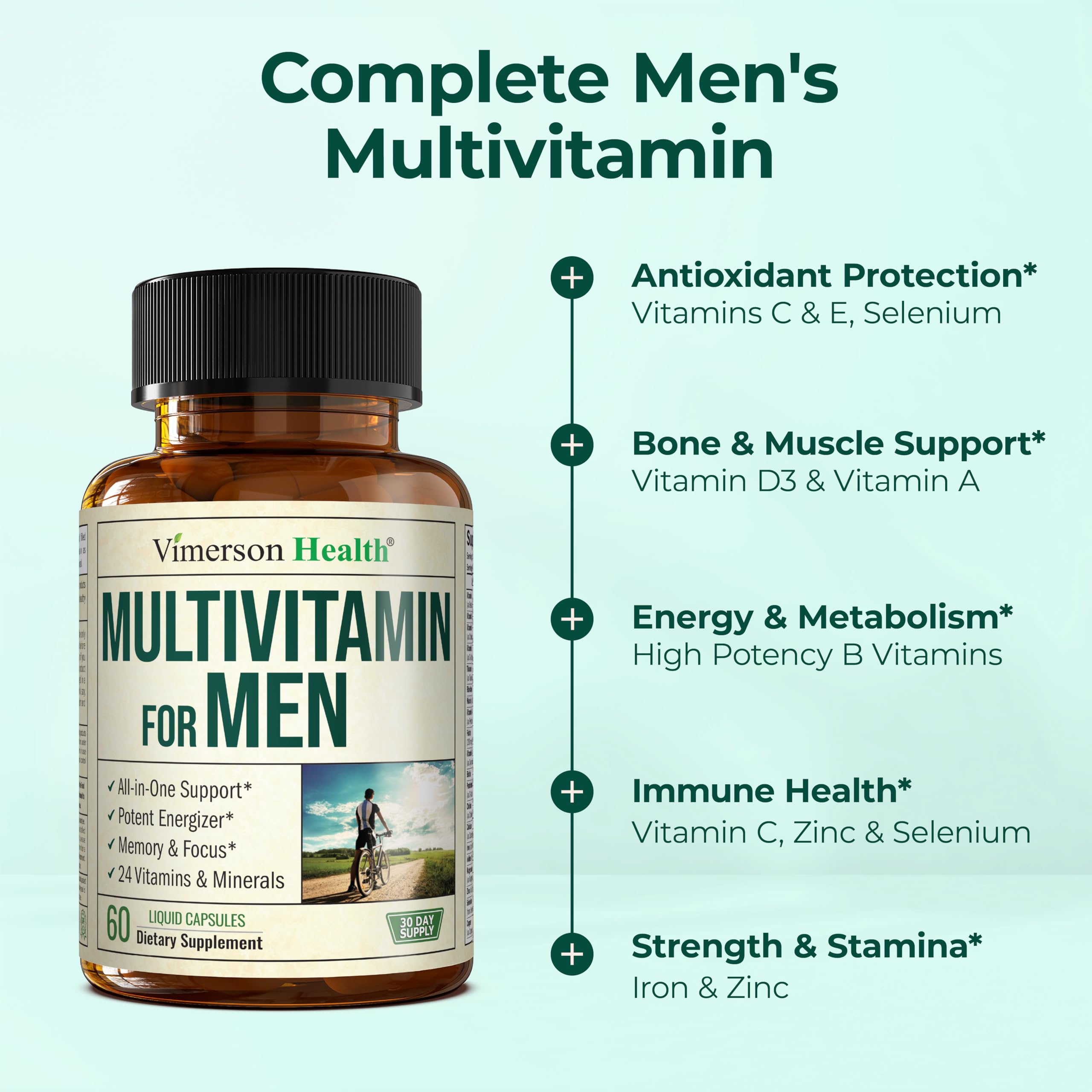 Vimerson Health Men Multivitamin ingredients panel lists 29 nutrients for men