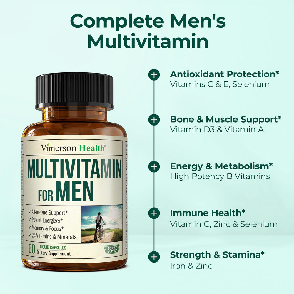 Vimerson Health Men Multivitamin ingredients panel lists 29 nutrients for men