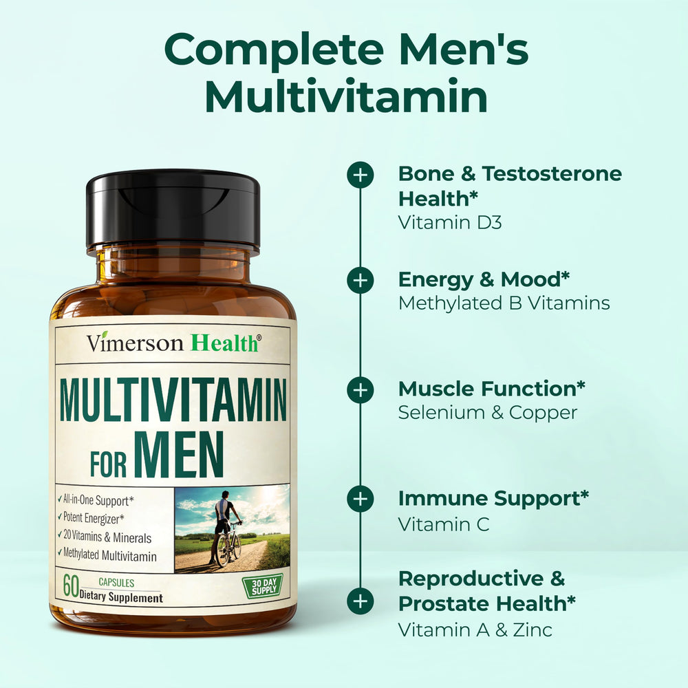 Vimerson Health Men’s Multivitamin bottle on table ready for daily use.