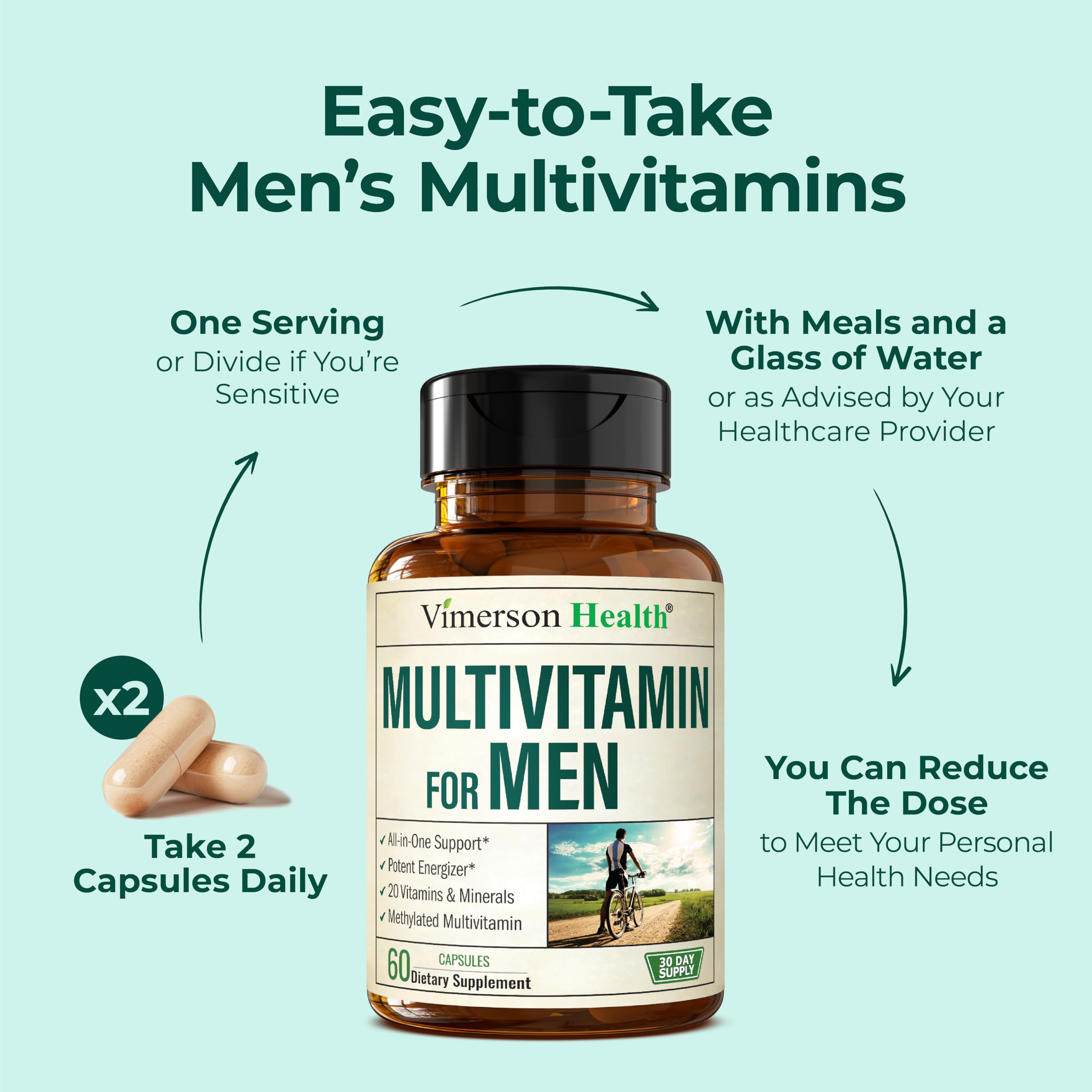 Vimerson Health Men’s Multivitamin bottle packaging emphasizes quality and trust for informed choices.