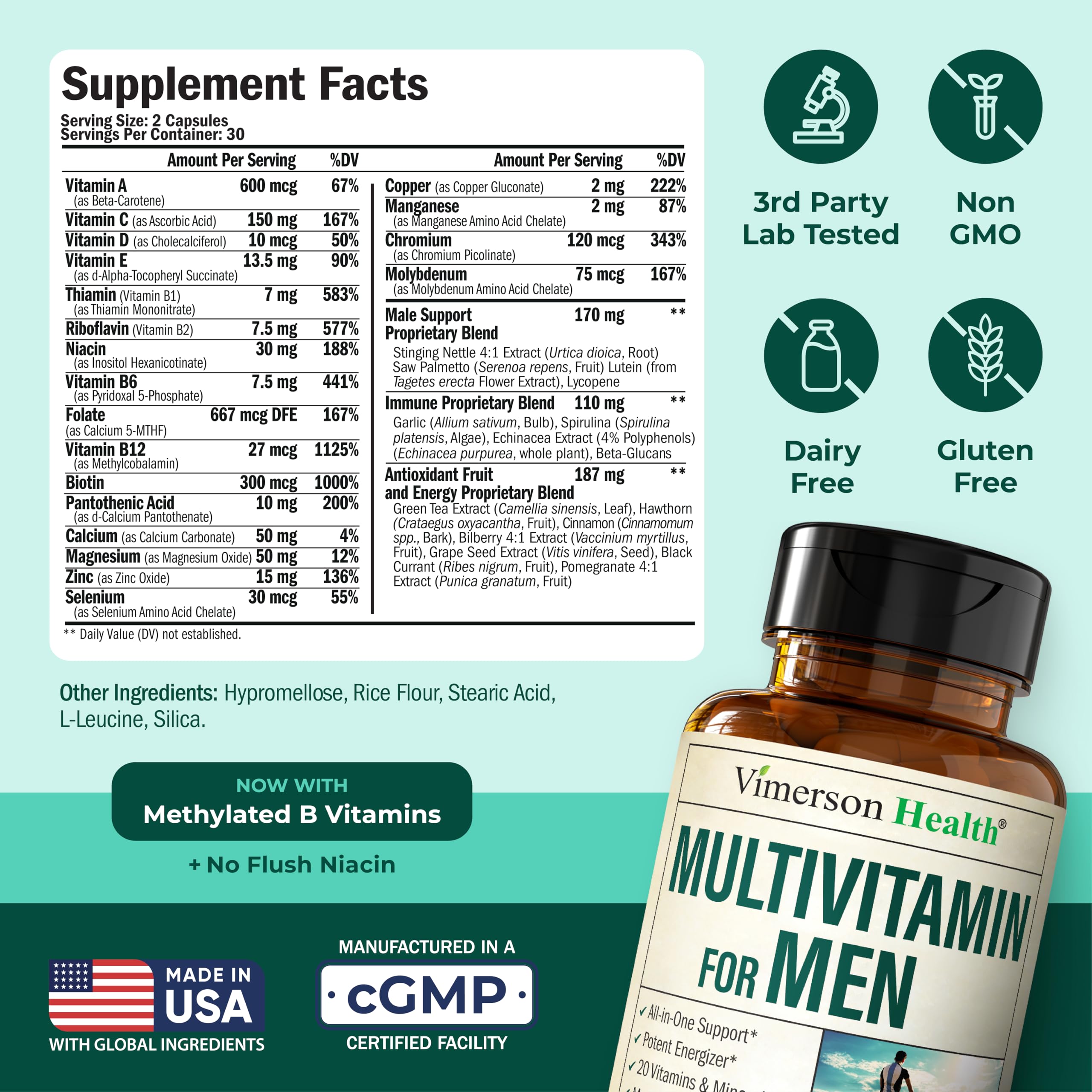 Vimerson Health Men’s Multivitamin capsules pour for easy daily energy support.