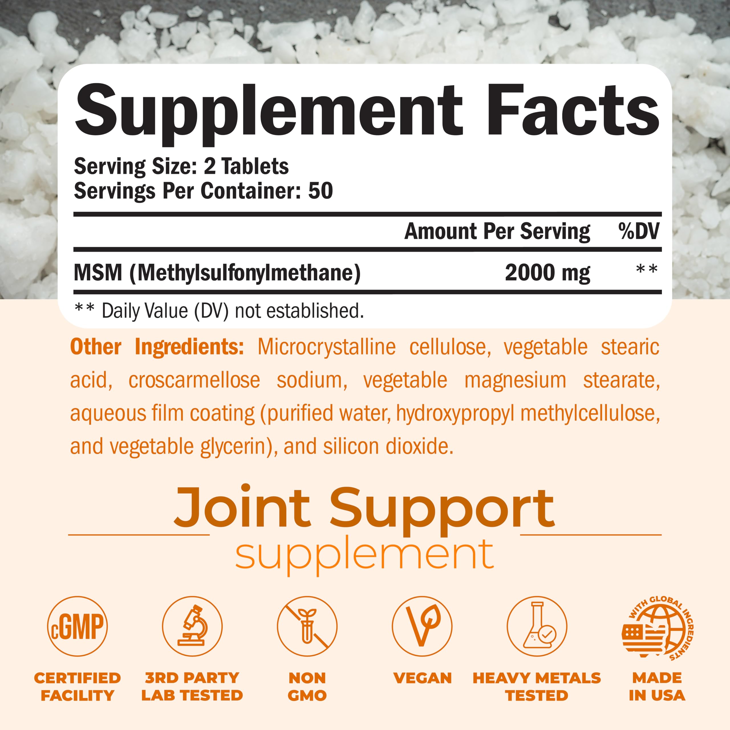 Vimerson Health MSM 2000mg label highlighting non-GMO vegan formulation