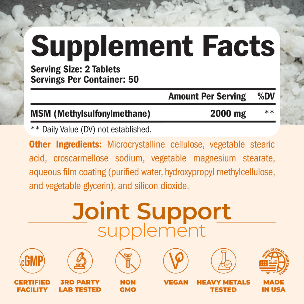 Vimerson Health MSM 2000mg label highlighting non-GMO vegan formulation