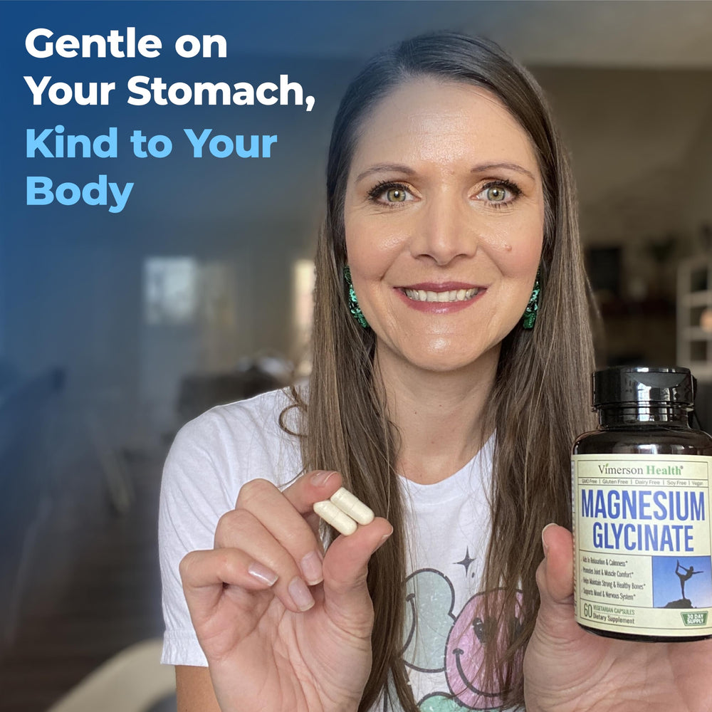 Vimerson Health magnesium glycinate 200mg bottle, USA-made, third-party tested.