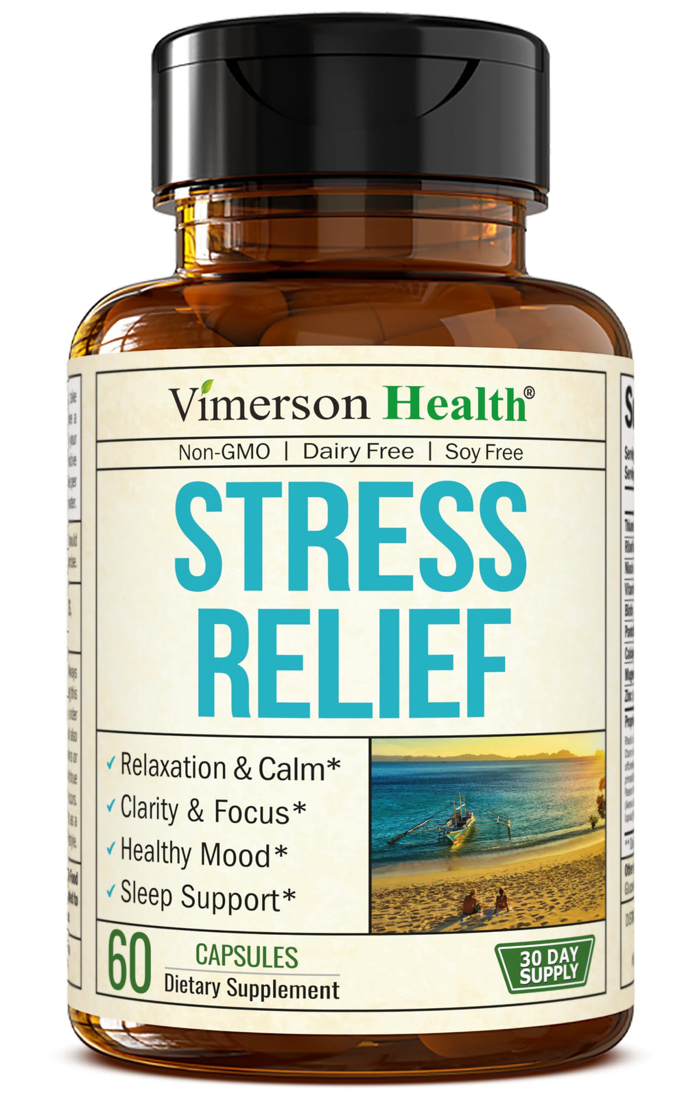 Vimerson Health stress relief bottle labeled for daily calm and balance.