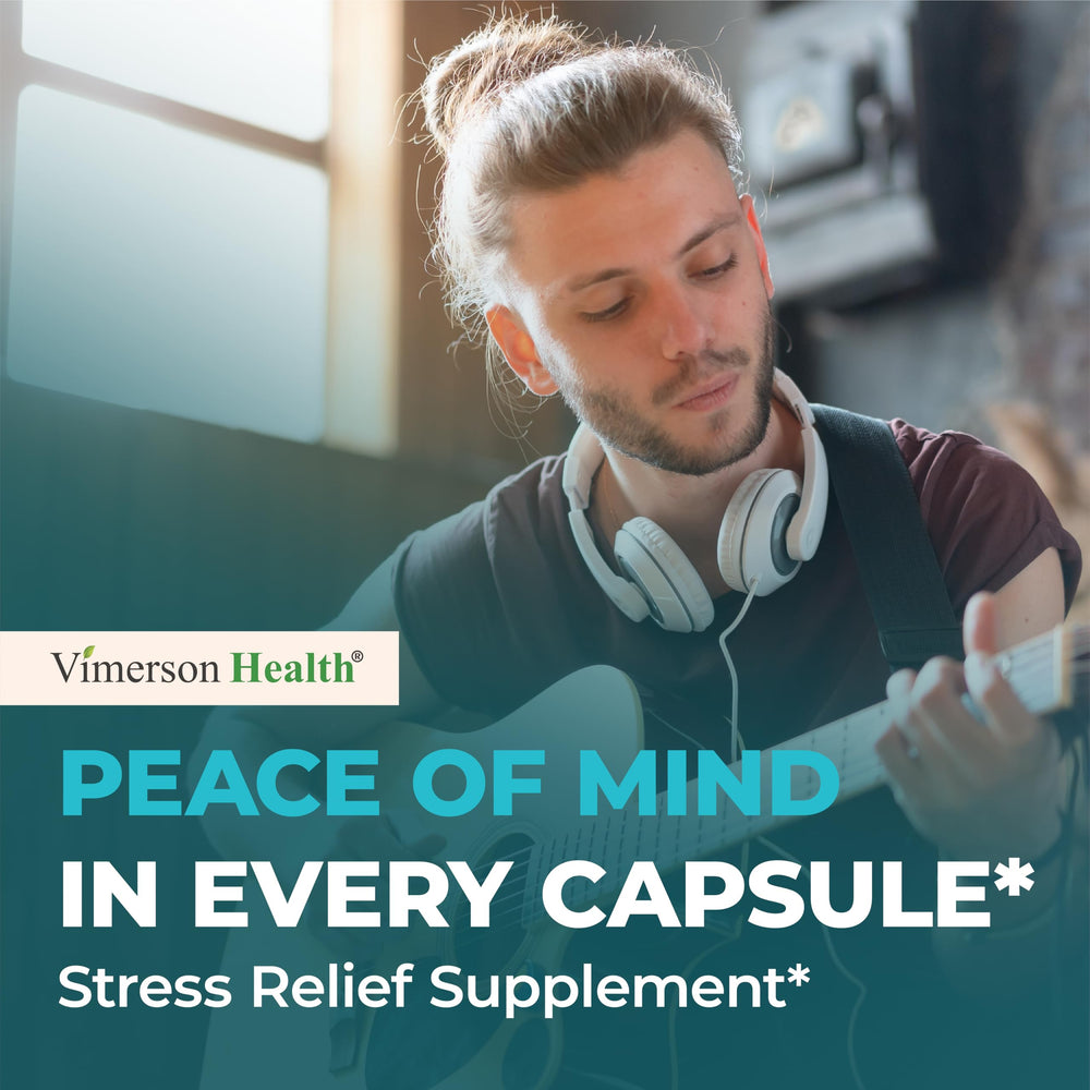 Vimerson Health stress relief finished bottle with glass of water.