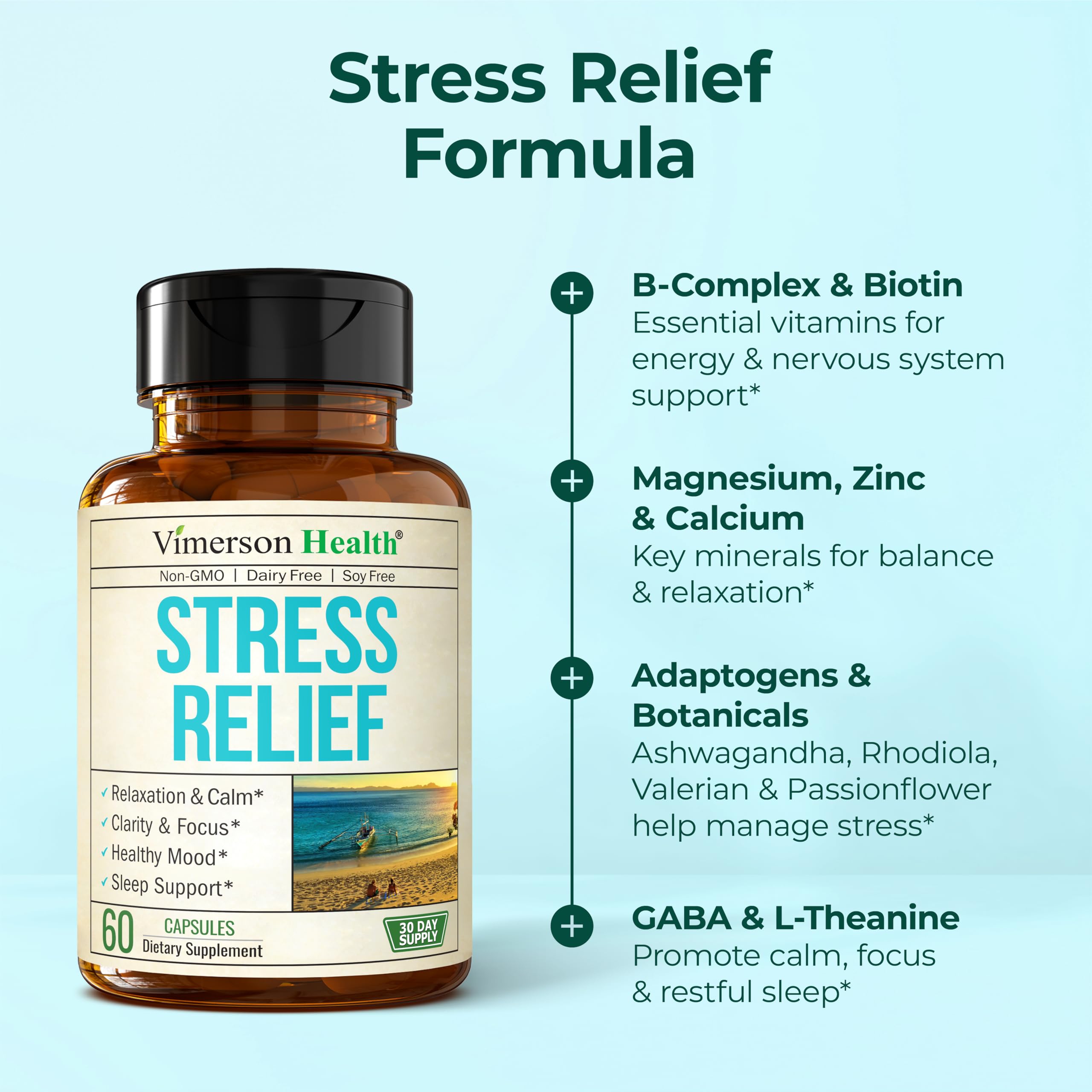Vimerson Health stress-relief ingredients close-up featuring 5-HTP and herbs.