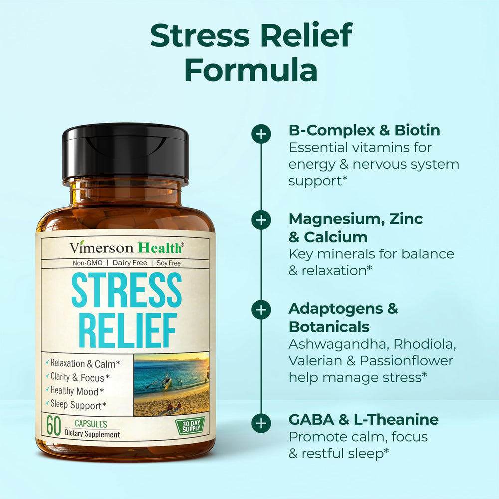 Vimerson Health stress-relief ingredients close-up featuring 5-HTP and herbs.