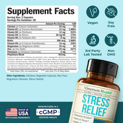 Vimerson Health stress relief label highlighting vegan, non-GMO ingredients.