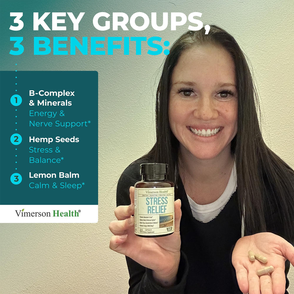 Vimerson Health stress relief packaging showing the bottle and cap.