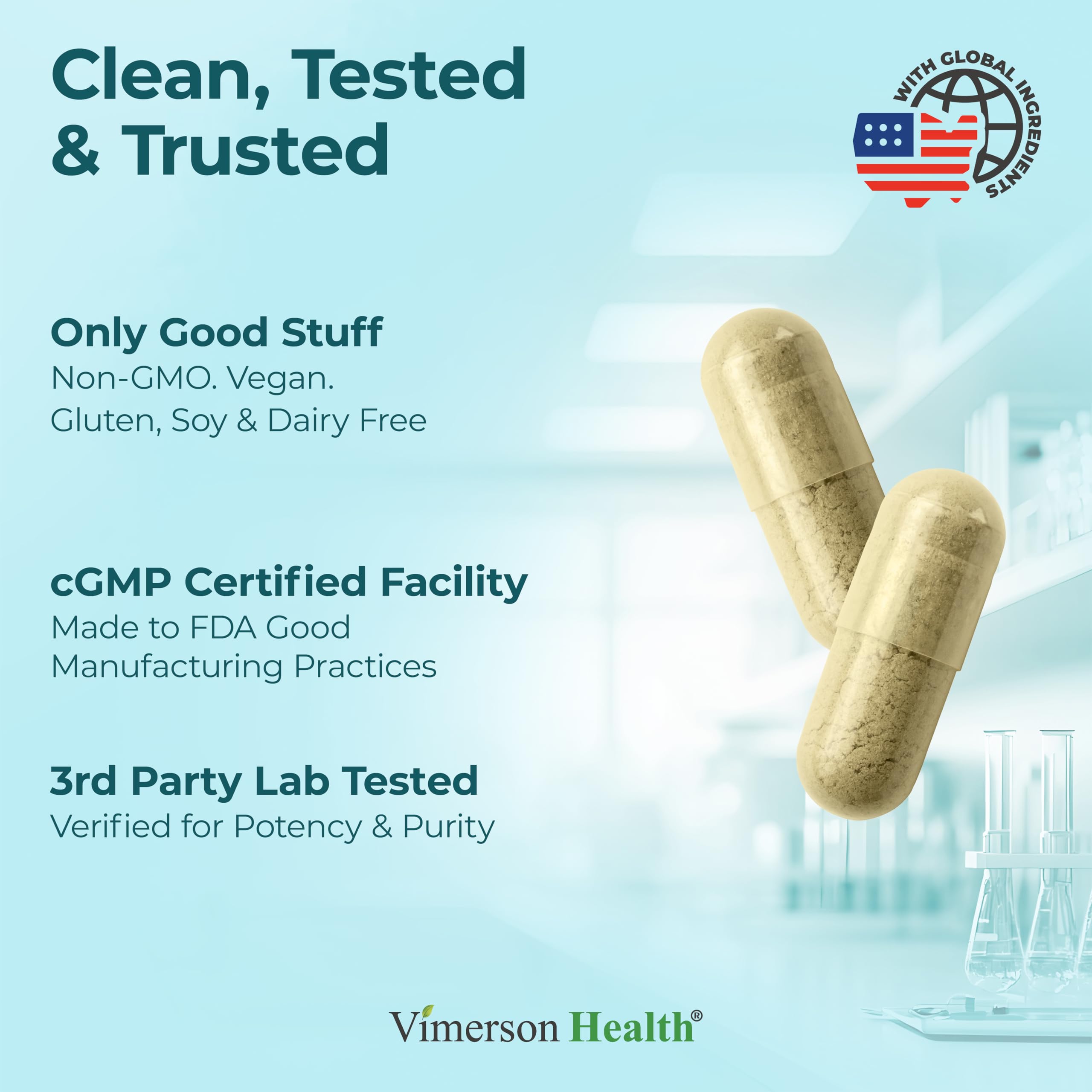 Vimerson Health stress relief pour shows capsules with a glass of water.