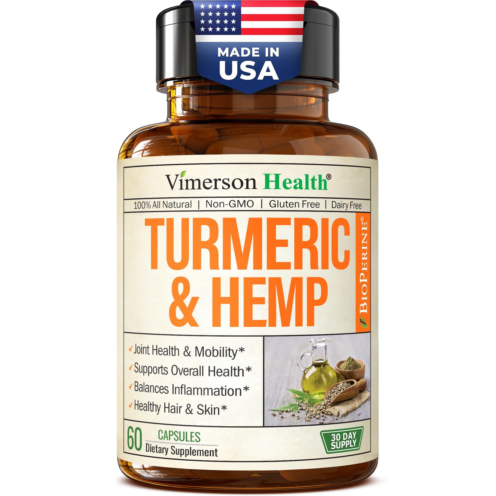 Vimerson Health turmeric-curcumin bottle close-up for joint support and mobility.