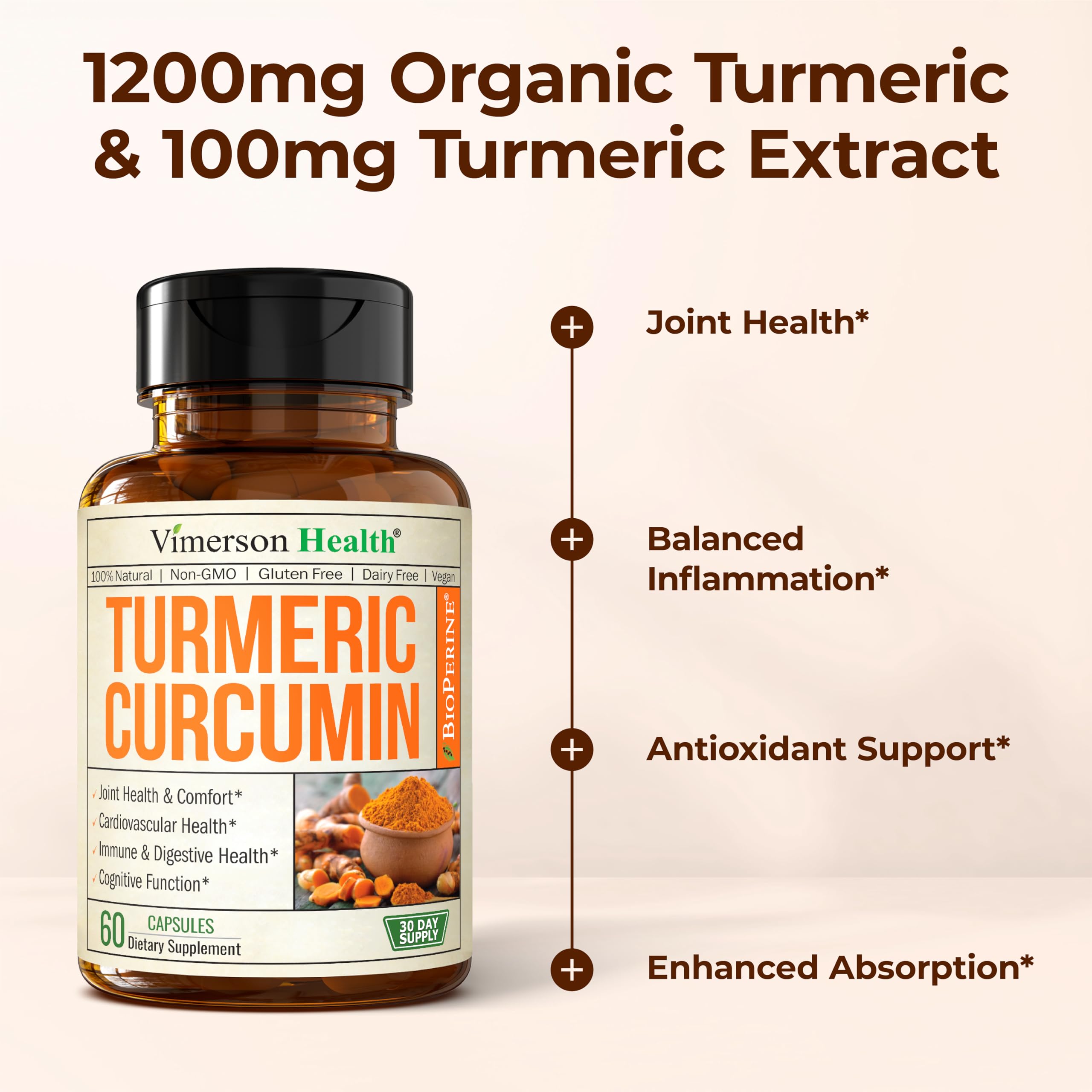 Vimerson Health turmeric curcumin capsules on wood spoon for daily use.