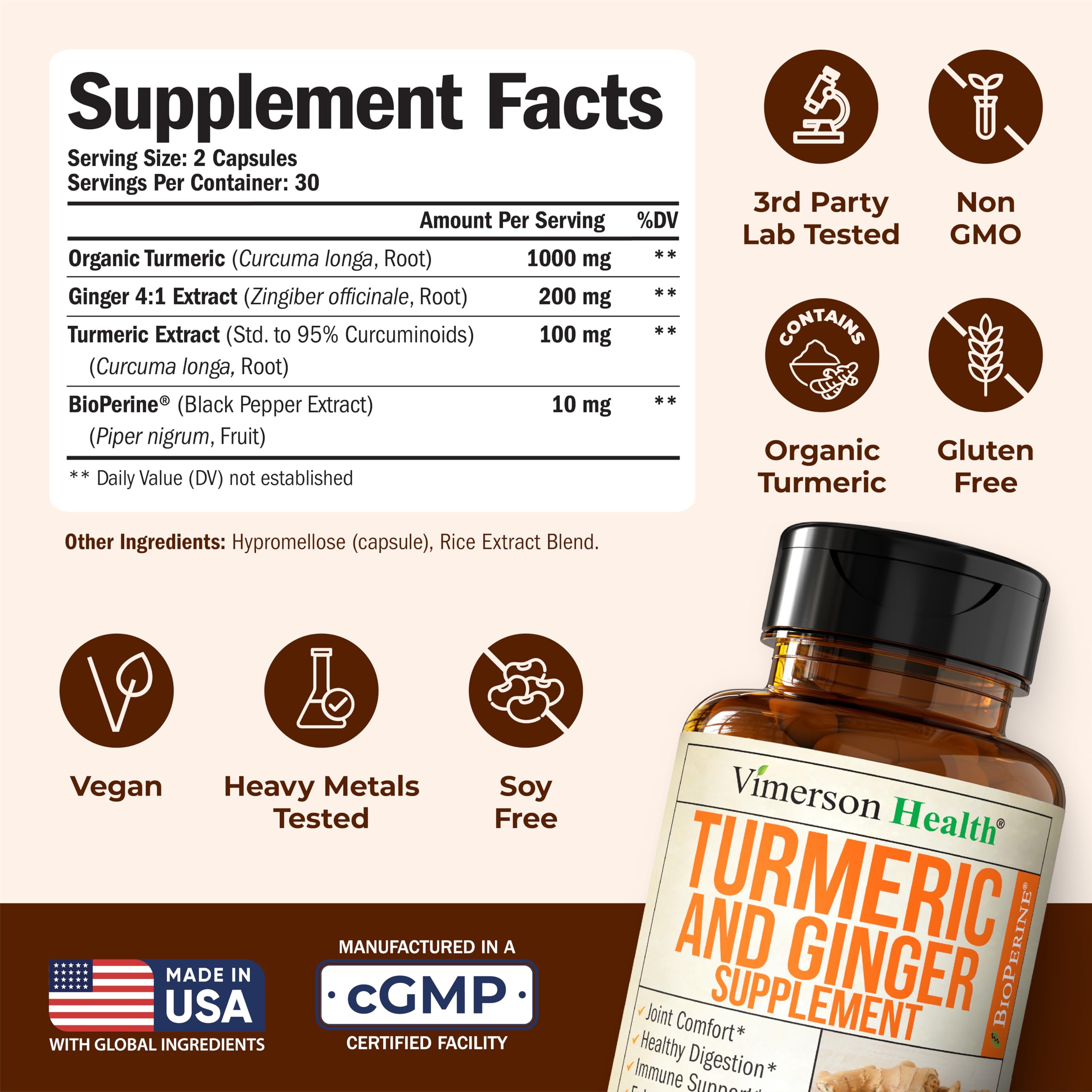Vimerson Health label close-up highlighting organic turmeric and Bioperine for absorption