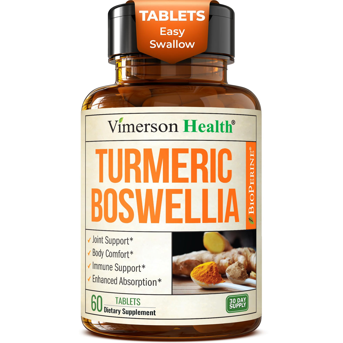 Vimerson Health turmeric curcumin tablets, front view, supporting joint mobility.