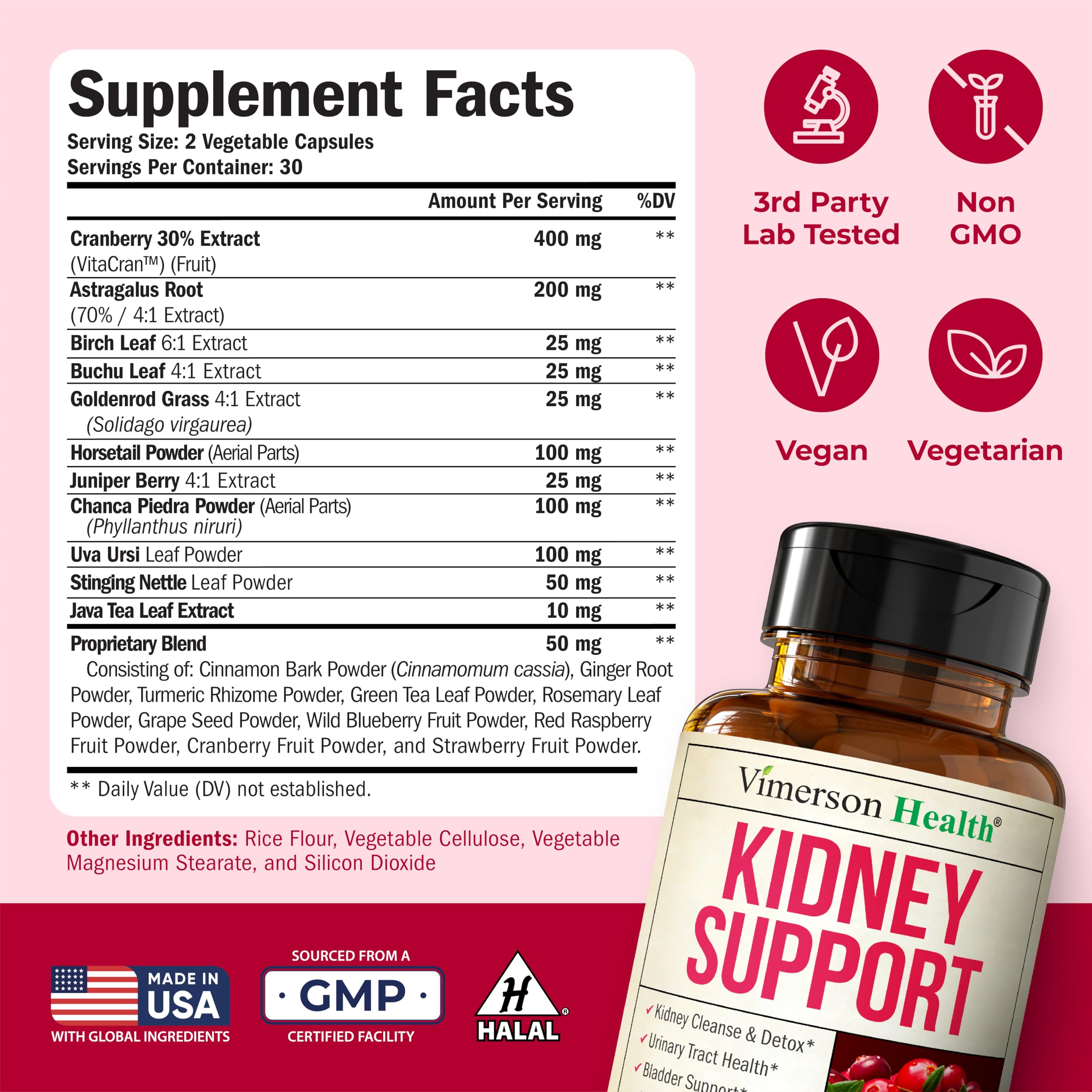 Vimerson Health Ultra Kidney Cleanse ingredients map highlighting cranberry and herbs.