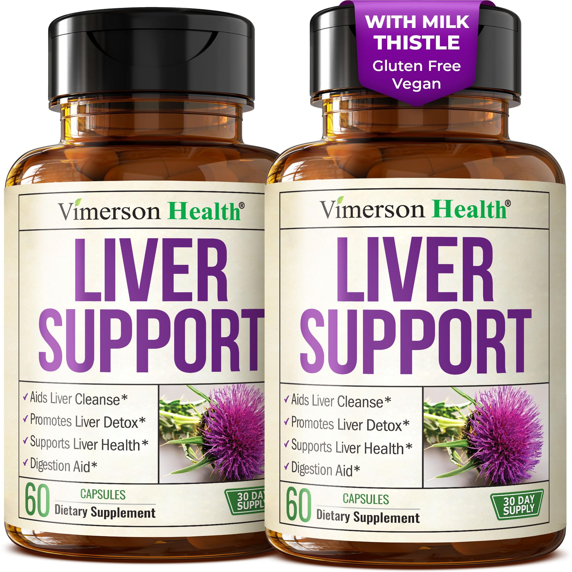 Vimerson Health vegan liver cleanse bottle on counter for daily support.