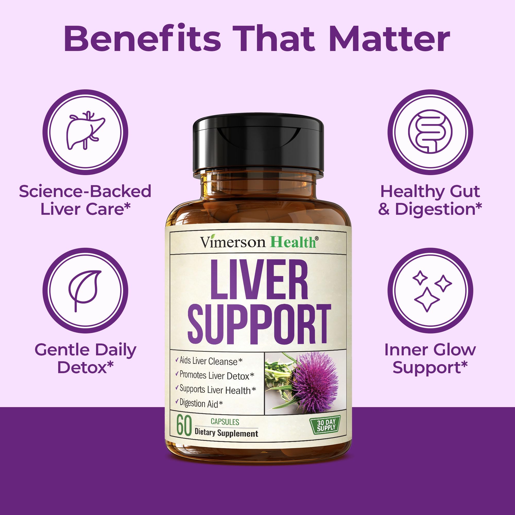 Vimerson Health capsules close-up showing vegan formula for gentle detox.