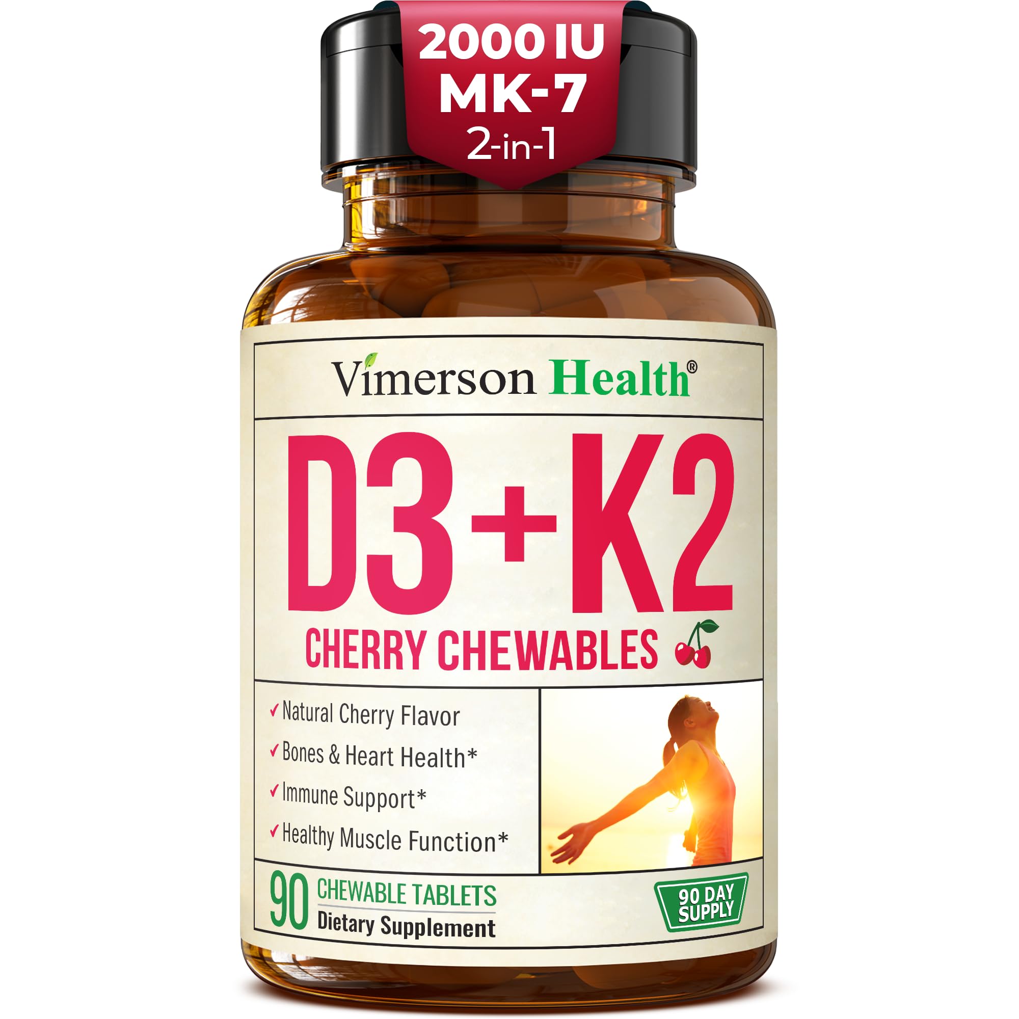 Vimerson Health Vitamin D3 K2 chewables bottle front view for bone and immune support.