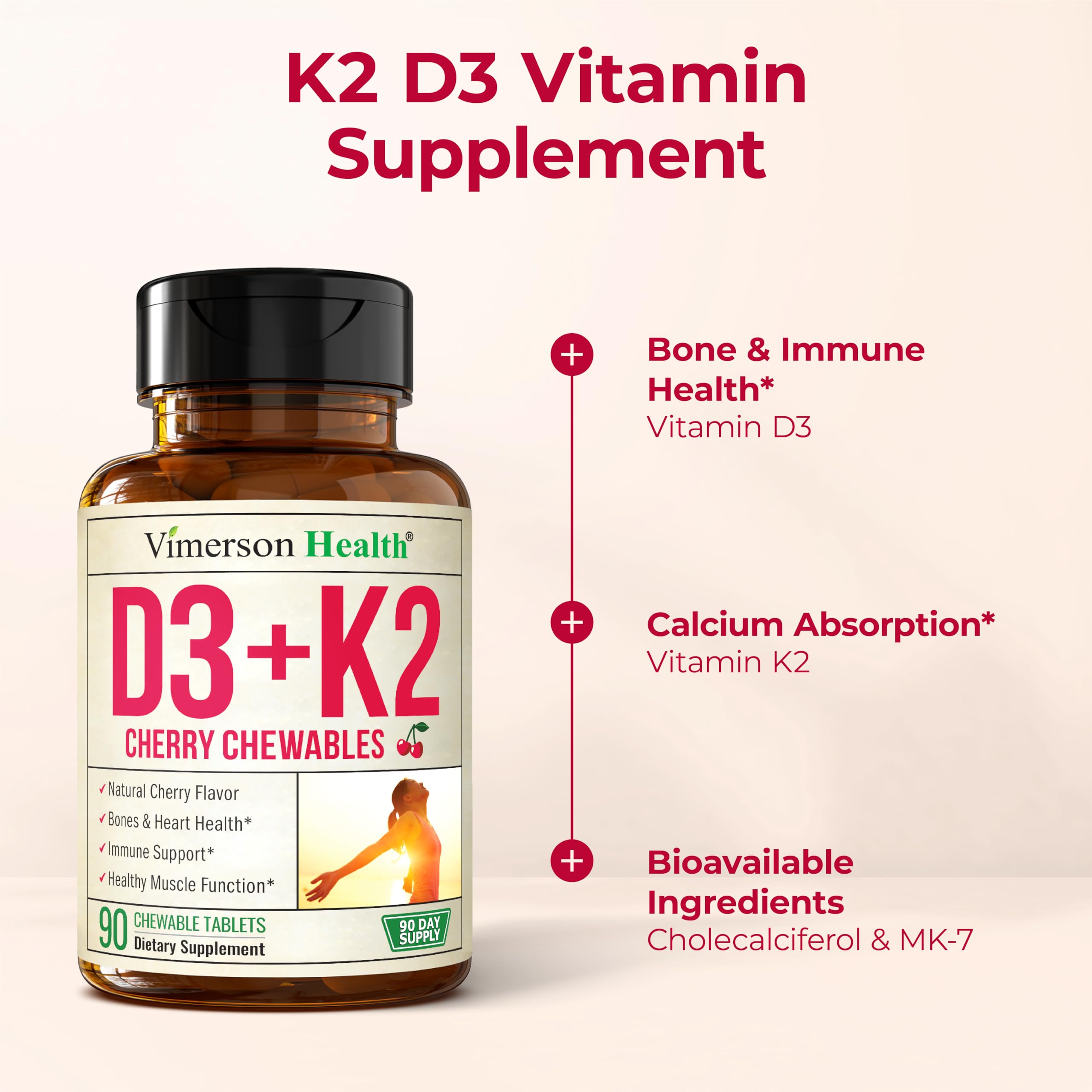 Vimerson Health Vitamin D3 K2 cherry flavor chewables close-up.