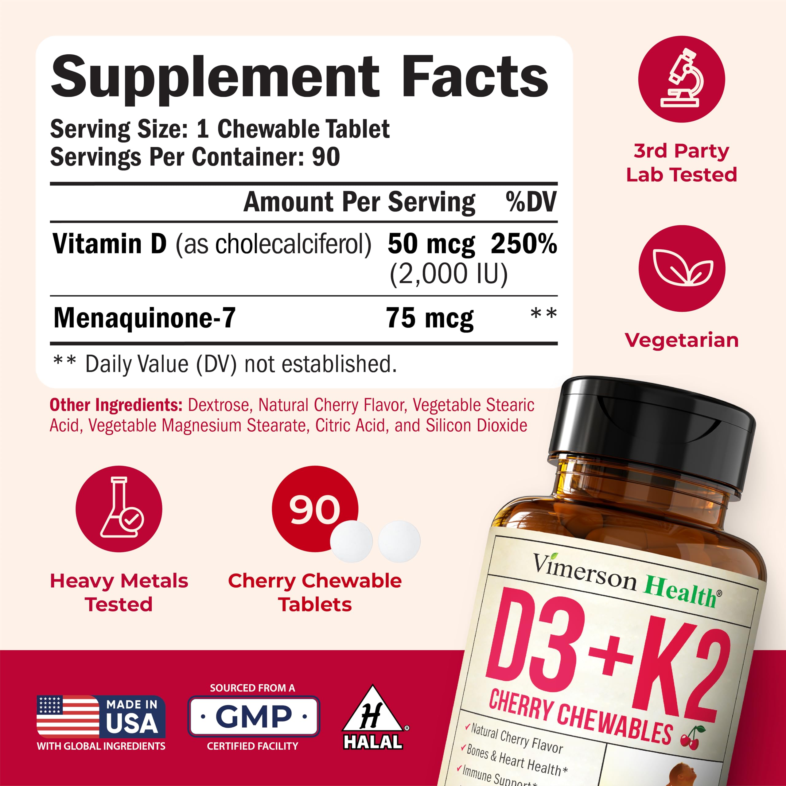 Vimerson Health Vitamin D3 K2 label detail highlighting MK7 and dosage.