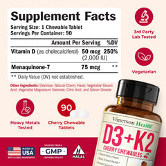 Vimerson Health Vitamin D3 K2 label detail highlighting MK7 and dosage.