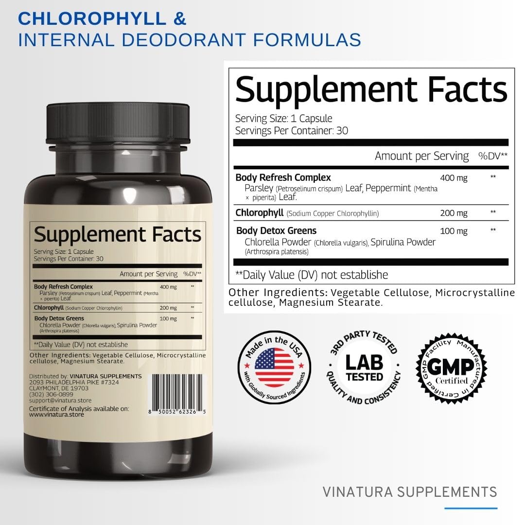 VINATURA chlorophyll capsules close-up, plant-based freshness support.