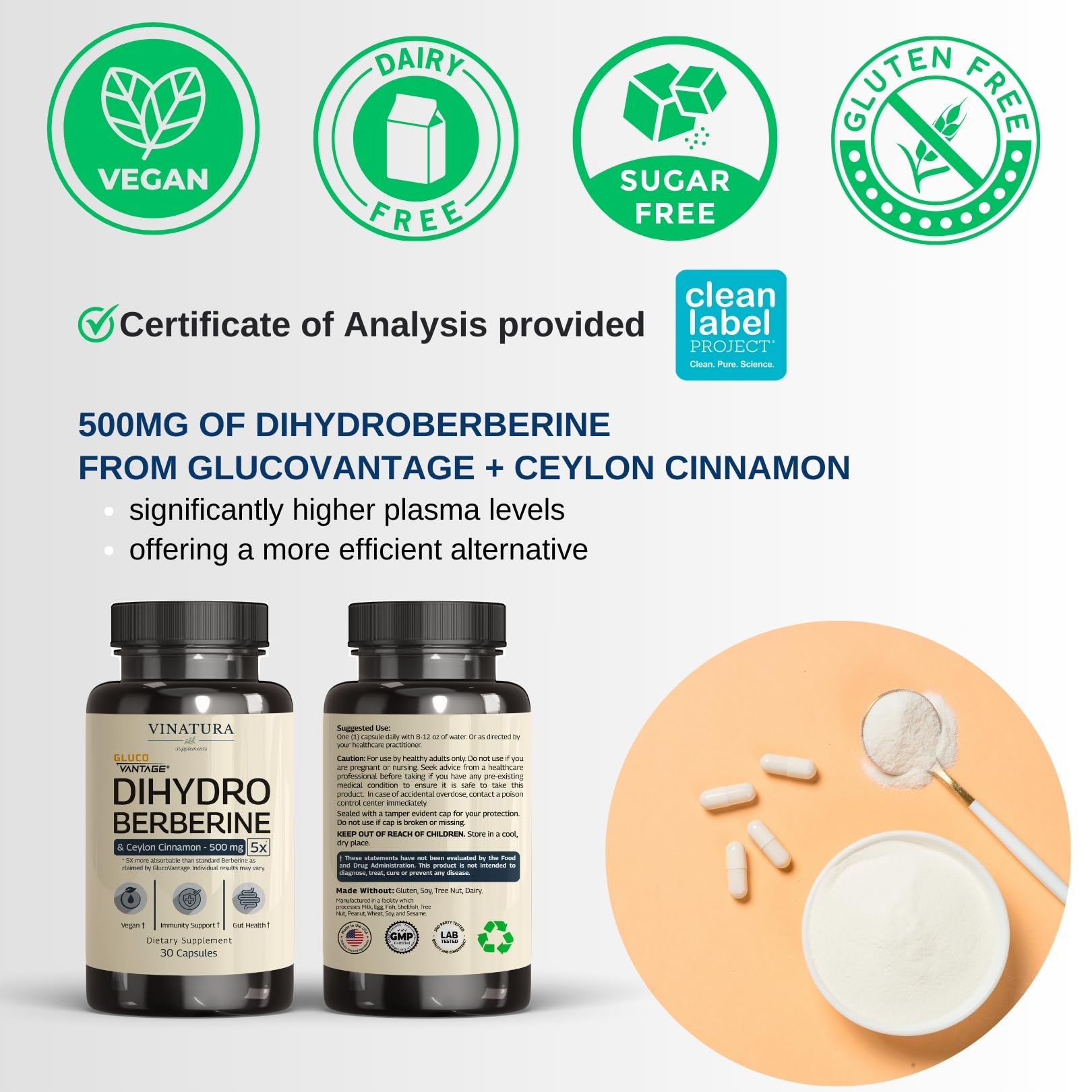 VINATURA Dihydroberberine with Ceylon Cinnamon detail for flavorful blend.