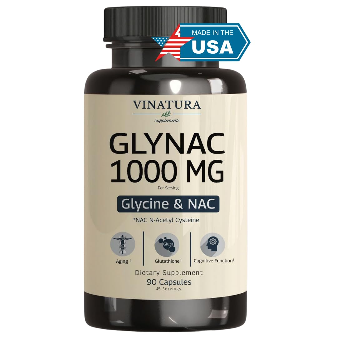 VINATURA GLYNAC bottle front showing 90 capsules for daily antioxidant support.