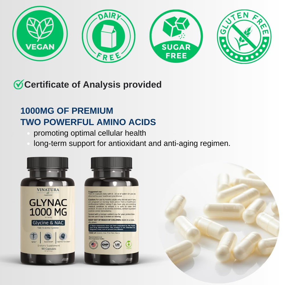 VINATURA GLYNAC ingredients list features NAC and glycine for glutathione precursors.