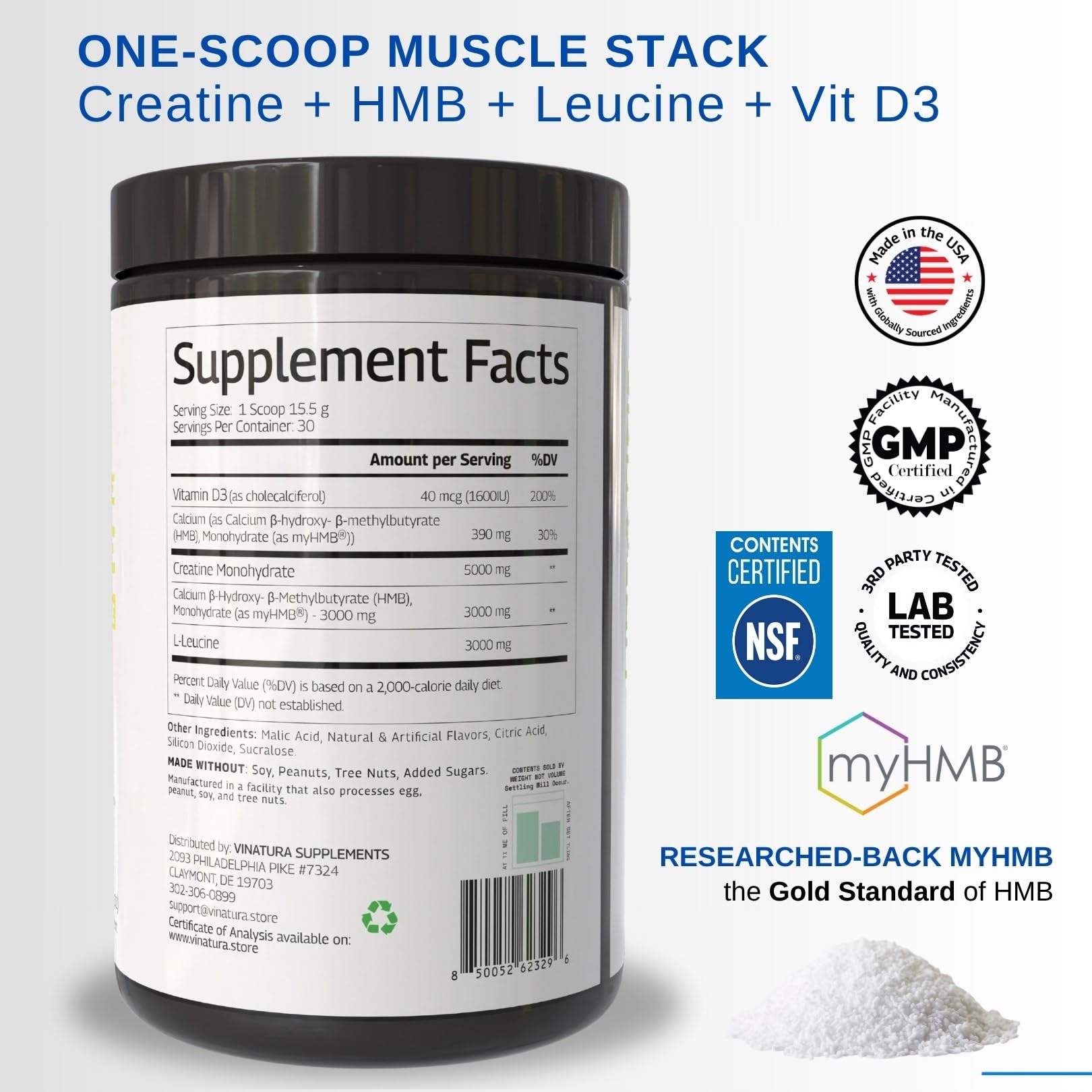 VINATURA HMB Creatine Leucine Powder lemonade bottle for convenient daily use.