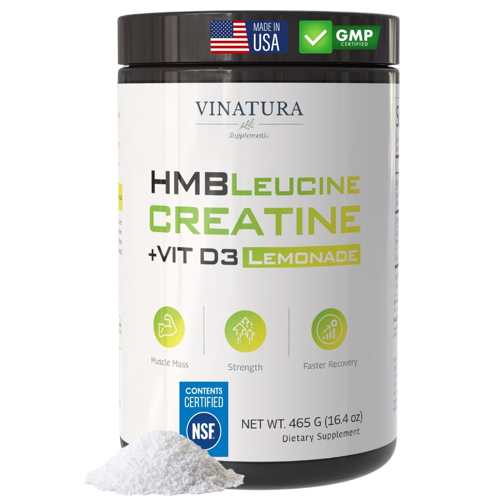 VINATURA HMB Creatine Leucine Powder lemonade scoop for quick workout fueling and strength.