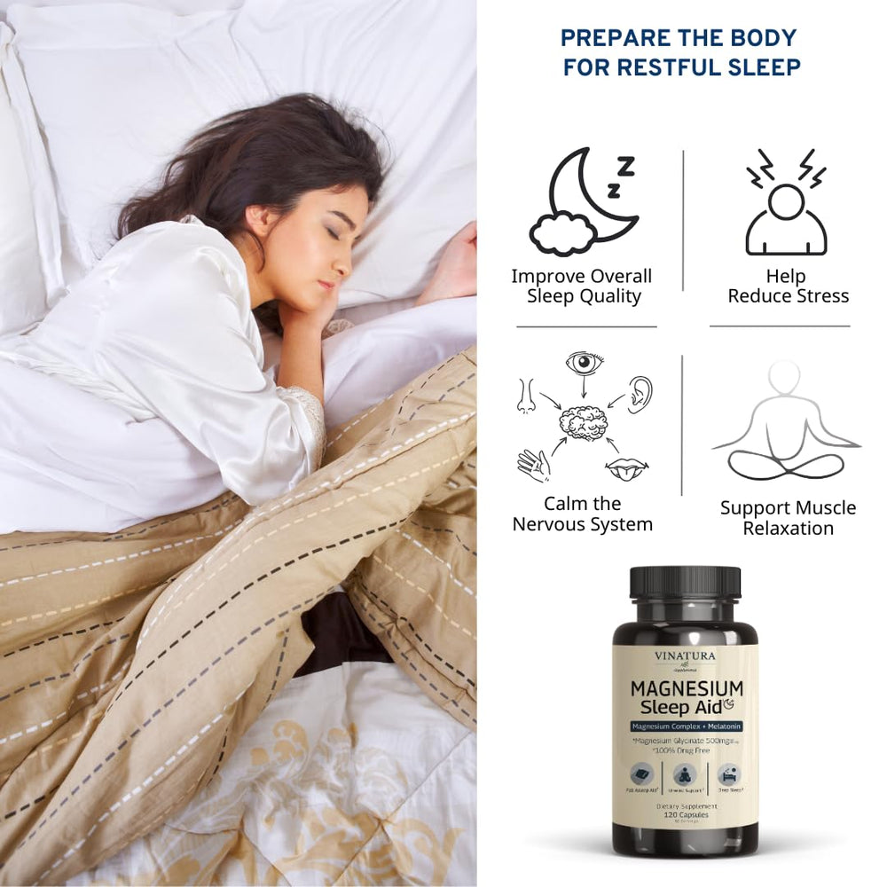 VINATURA L-Theanine capsules illustrating gentle relaxation before bed