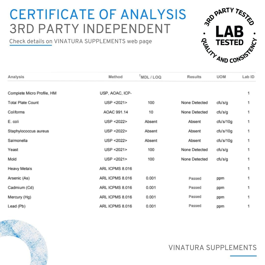 VINATURA lab-testing seal emphasizing vegan, gluten-free quality and purity.