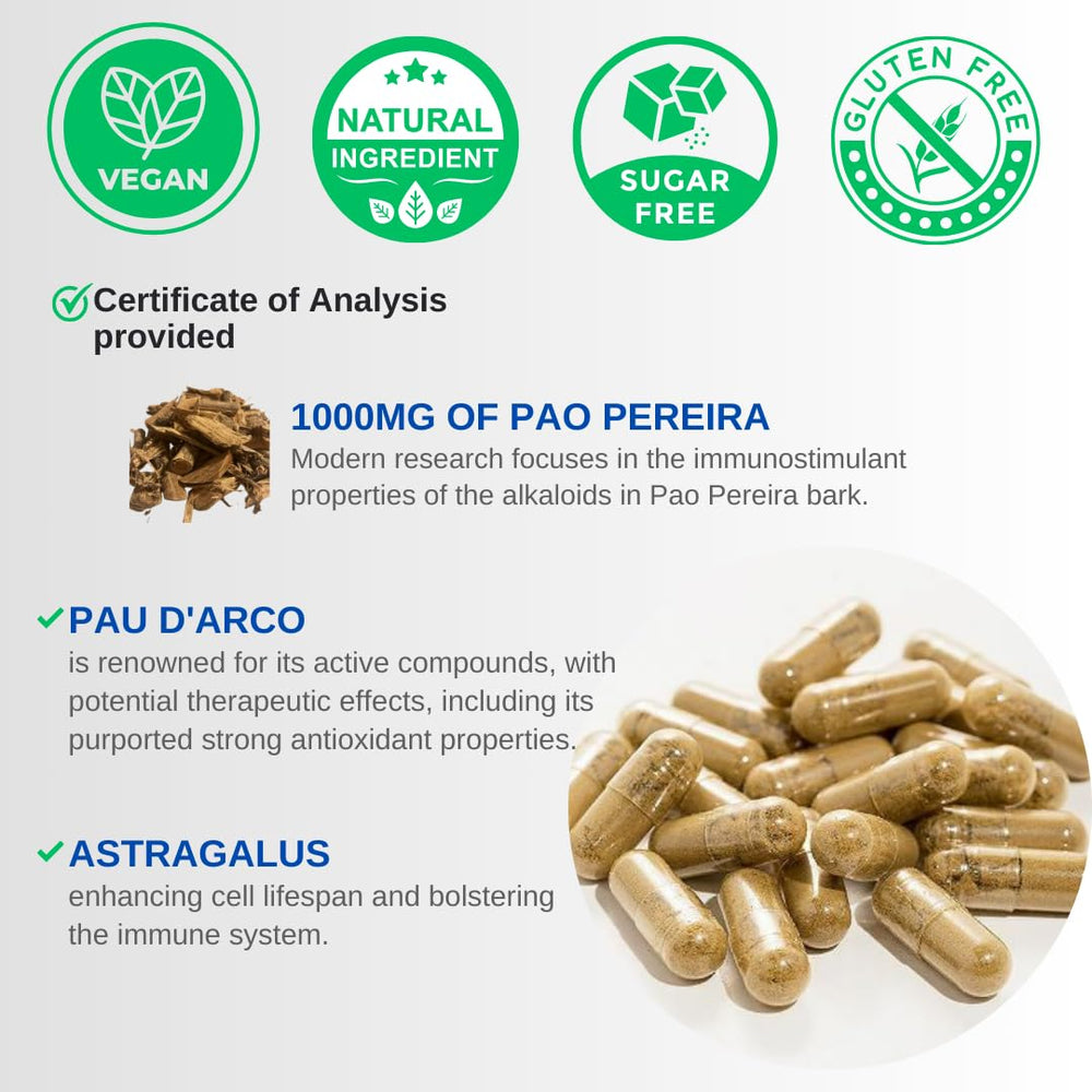 VINATURA label detail showing pao-pereira and pau-d-arco ingredients.