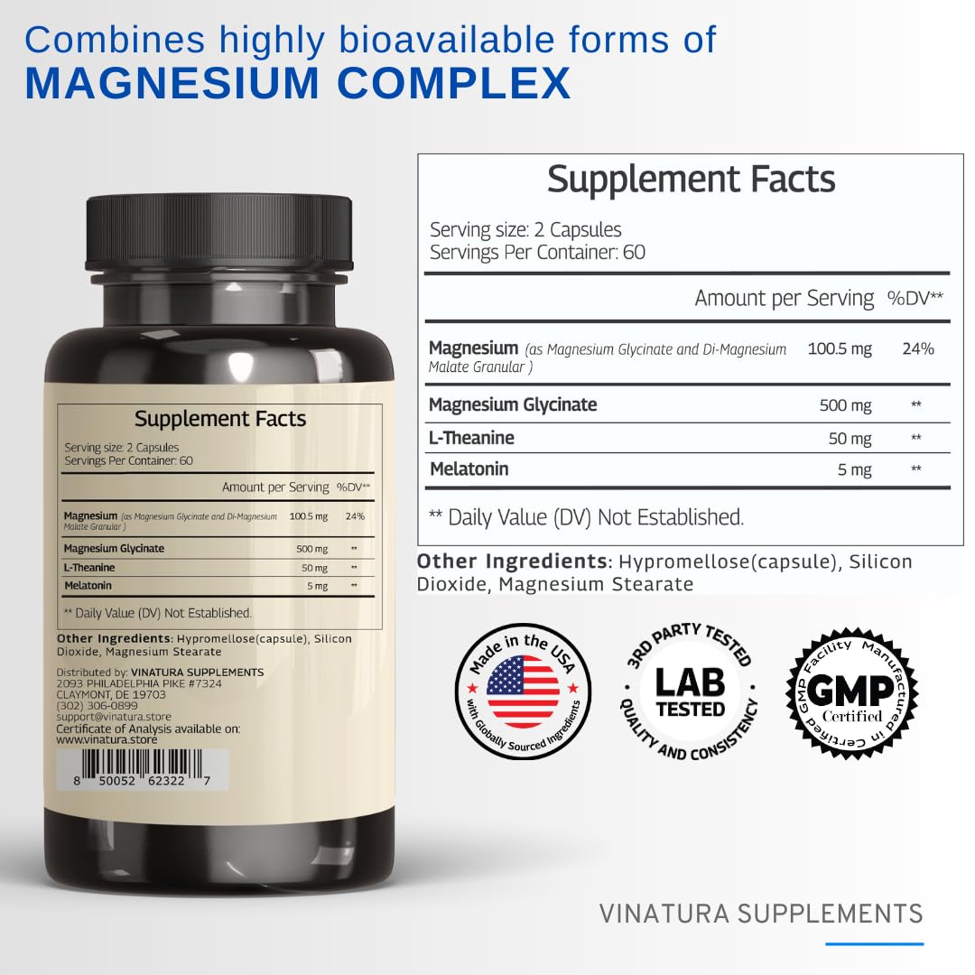 Close-up of VINATURA magnesium glycinate capsules highlighting calm relaxation support