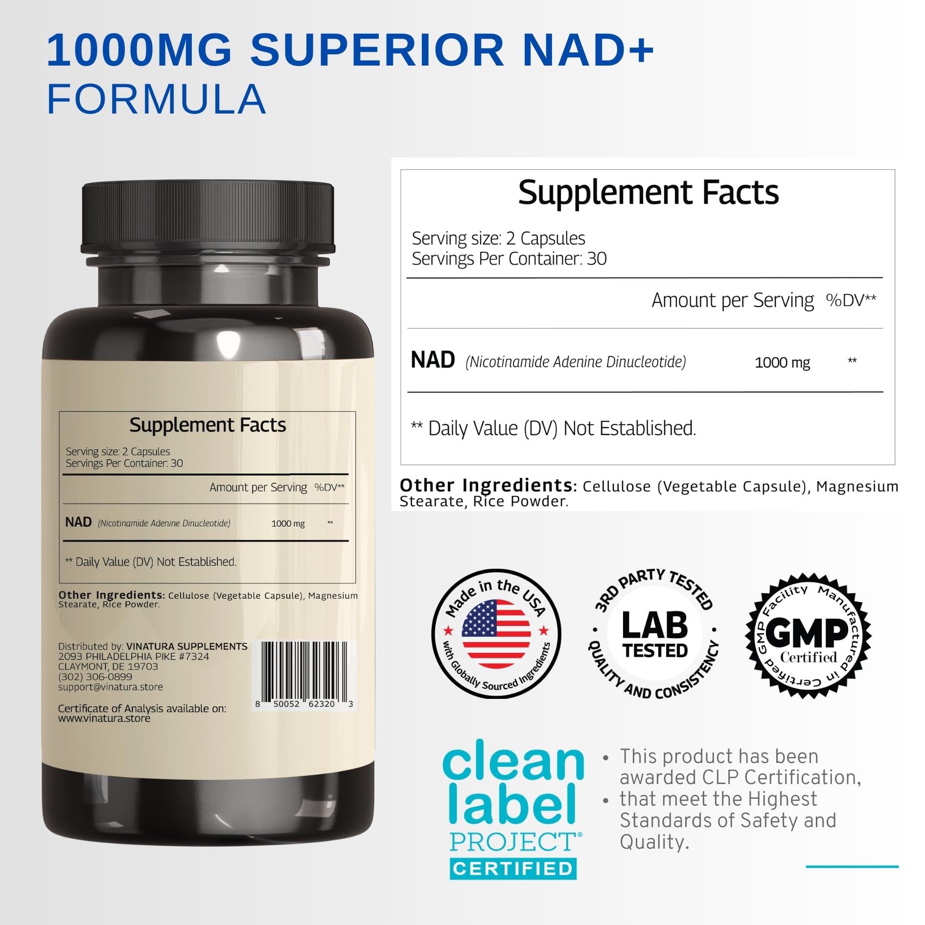 Close-up of Vinatura NAD capsules for cellular energy support.