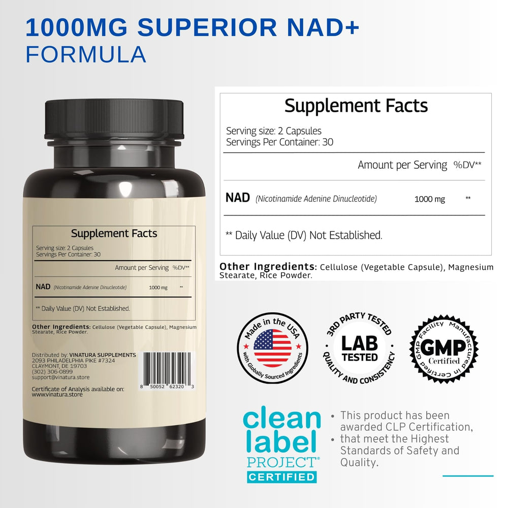 Close-up of Vinatura NAD capsules for cellular energy support.
