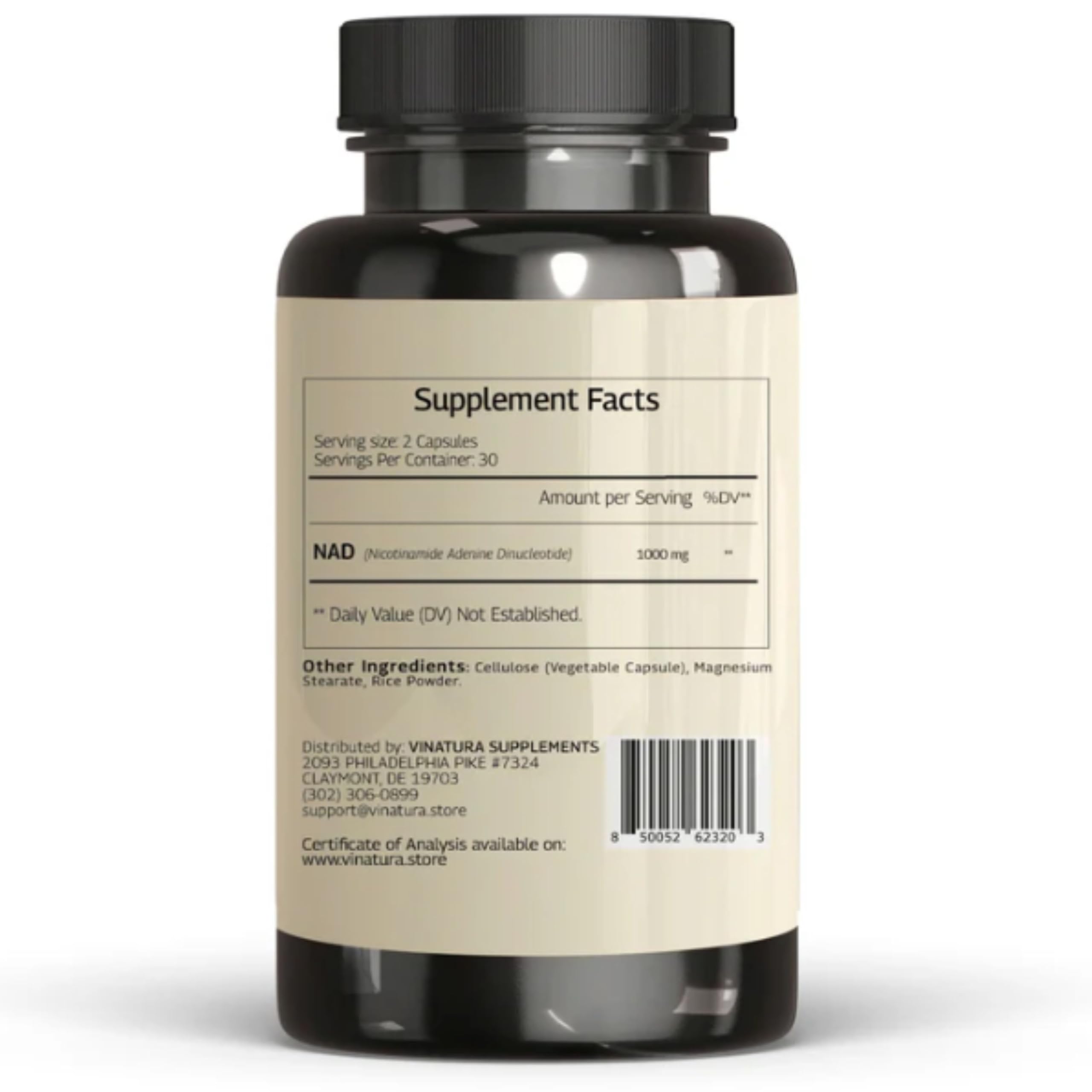 Vinatura NAD supplement batch indicates third-party testing.