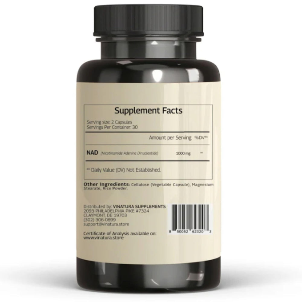Vinatura NAD supplement batch indicates third-party testing.