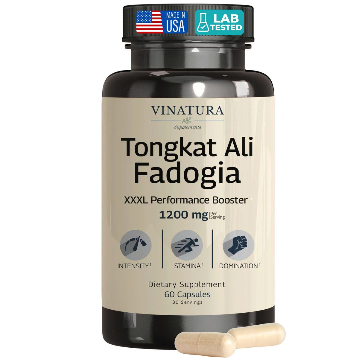 VINATURA Tongkat Ali Fadogia Agrestis bottle front showing 60 capsules for daily energy.