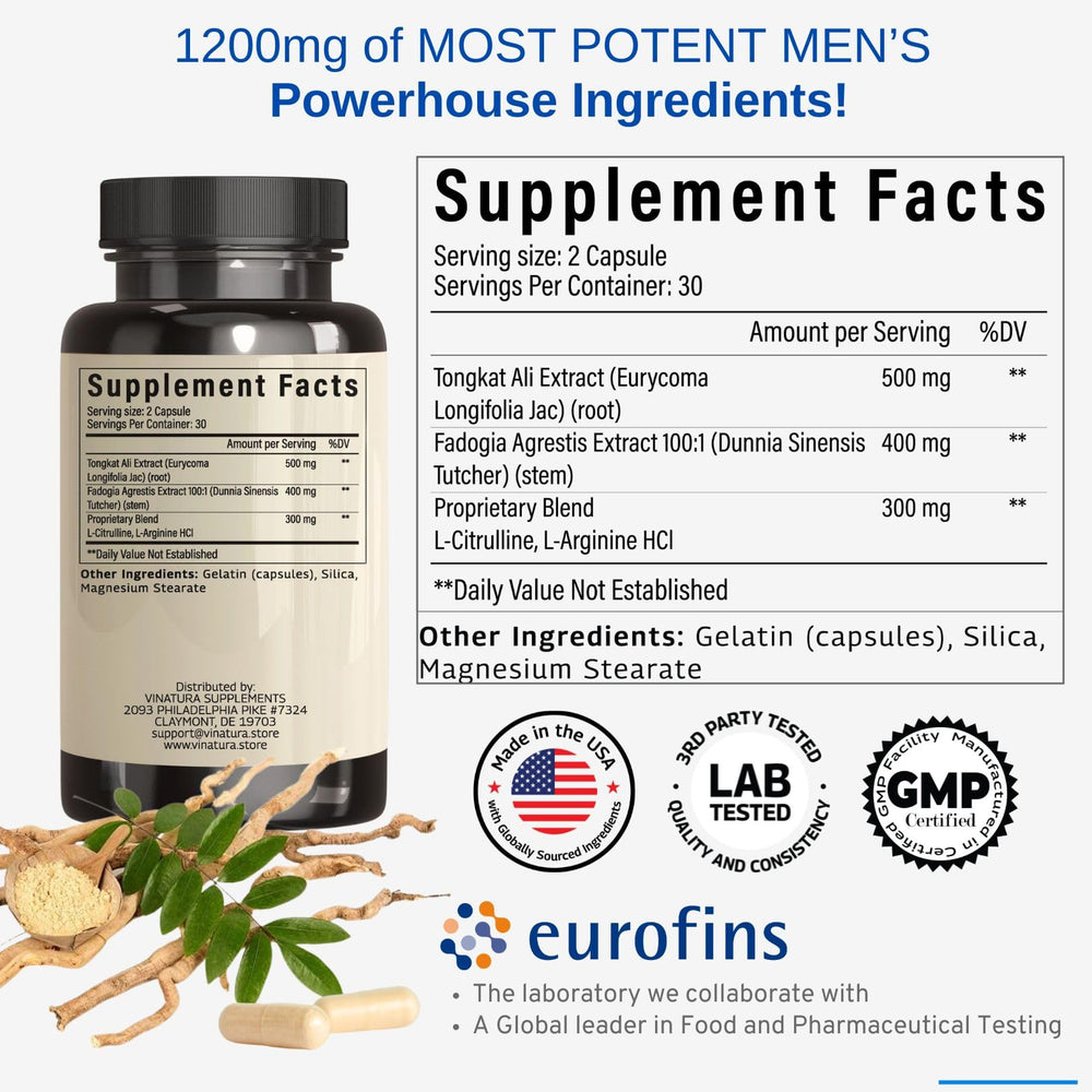 VINATURA Tongkat Ali Fadogia Agrestis capsules closeup highlighting concentrated 1200mg formula.