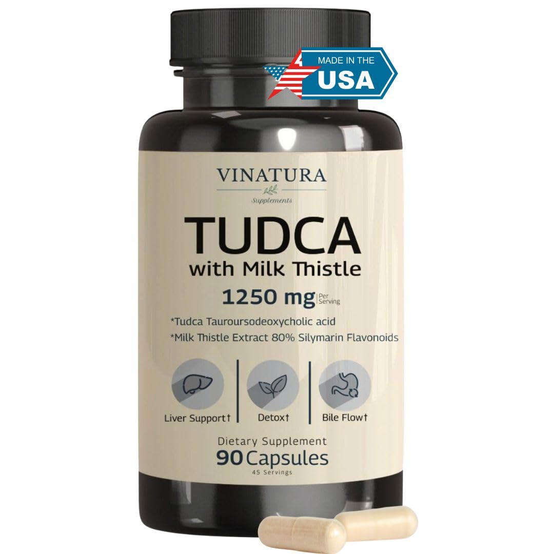 VINATURA Tudca Milk Thistle bottle displays 1250mg formula for liver support.