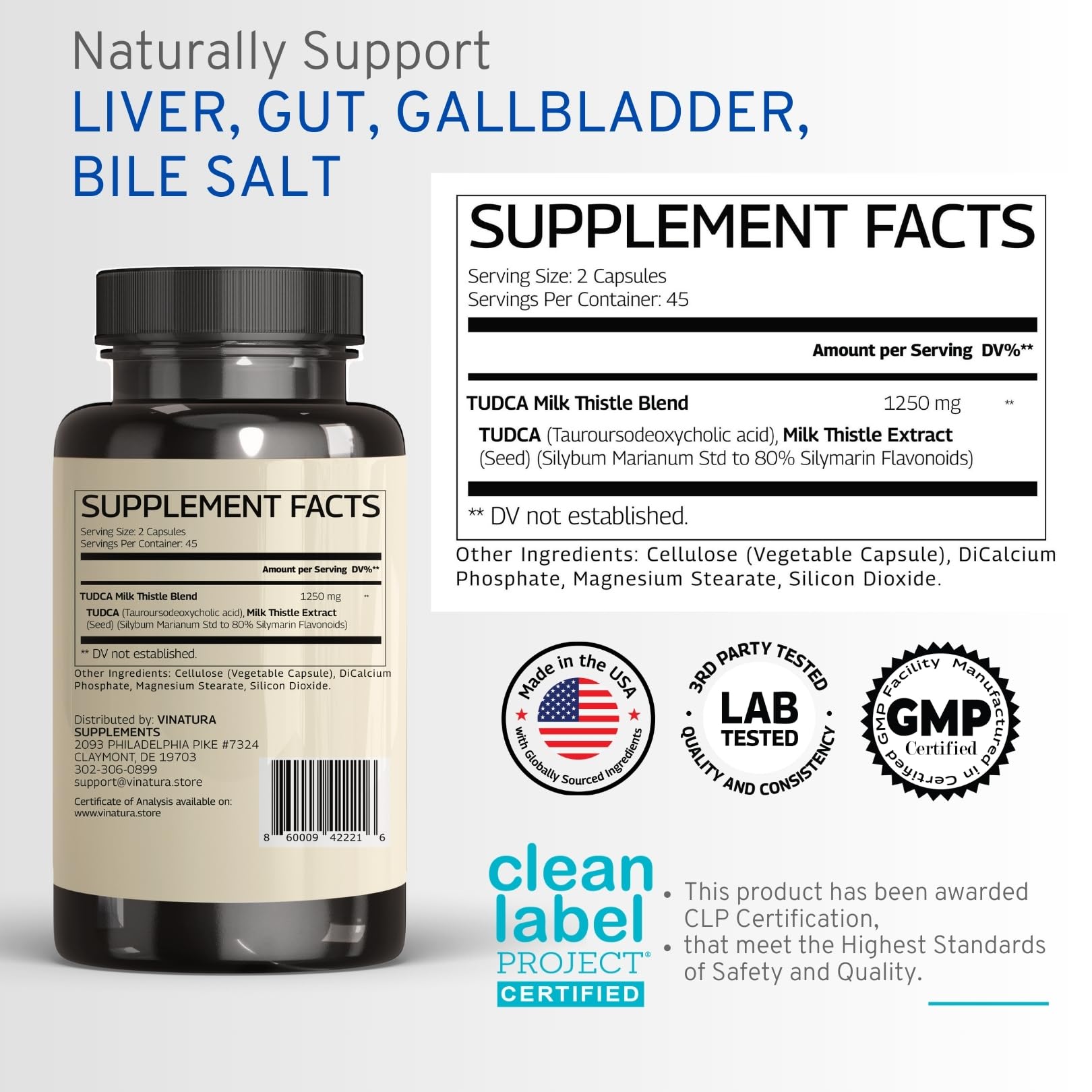 VINATURA Tudca Milk Thistle capsules closeup highlights potency and capsule shape.