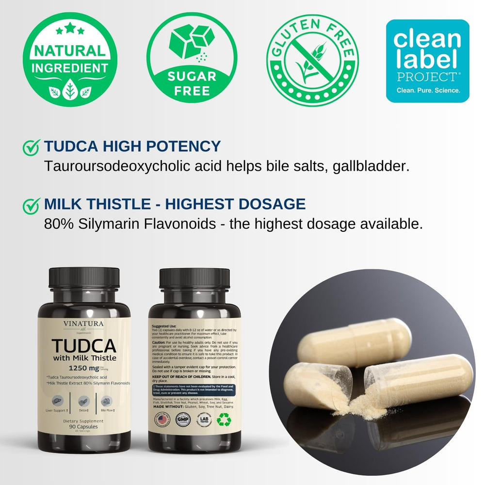 VINATURA Tudca Milk Thistle serving concept with two capsules per serving.