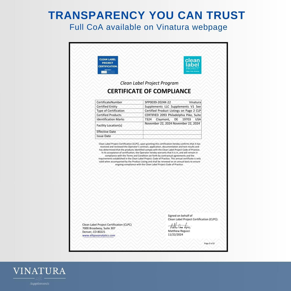 VINATURA Tudca Milk Thistle USA-made facility badge.