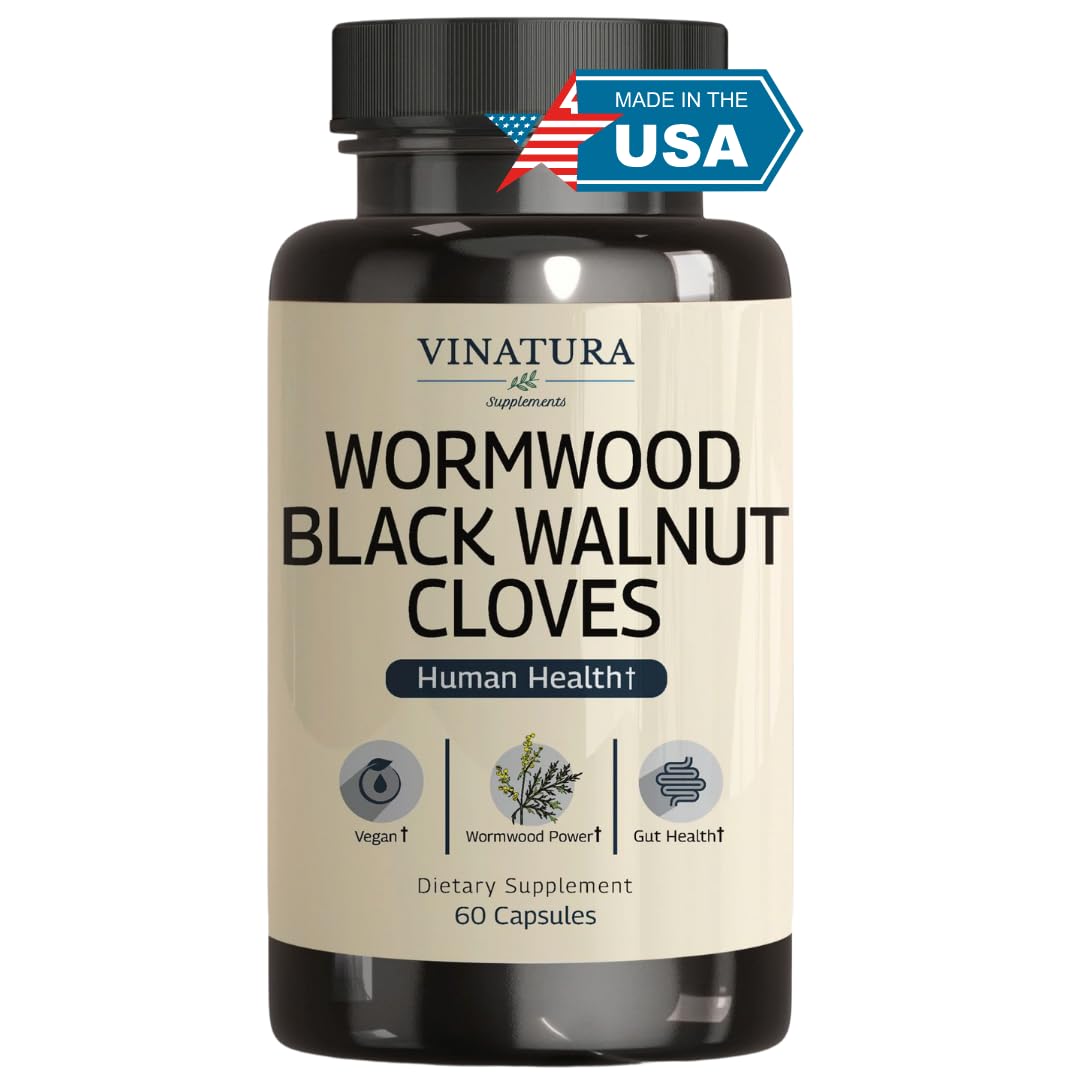VINATURA wormwood-black walnut-clove capsules bottle for daily gut support.