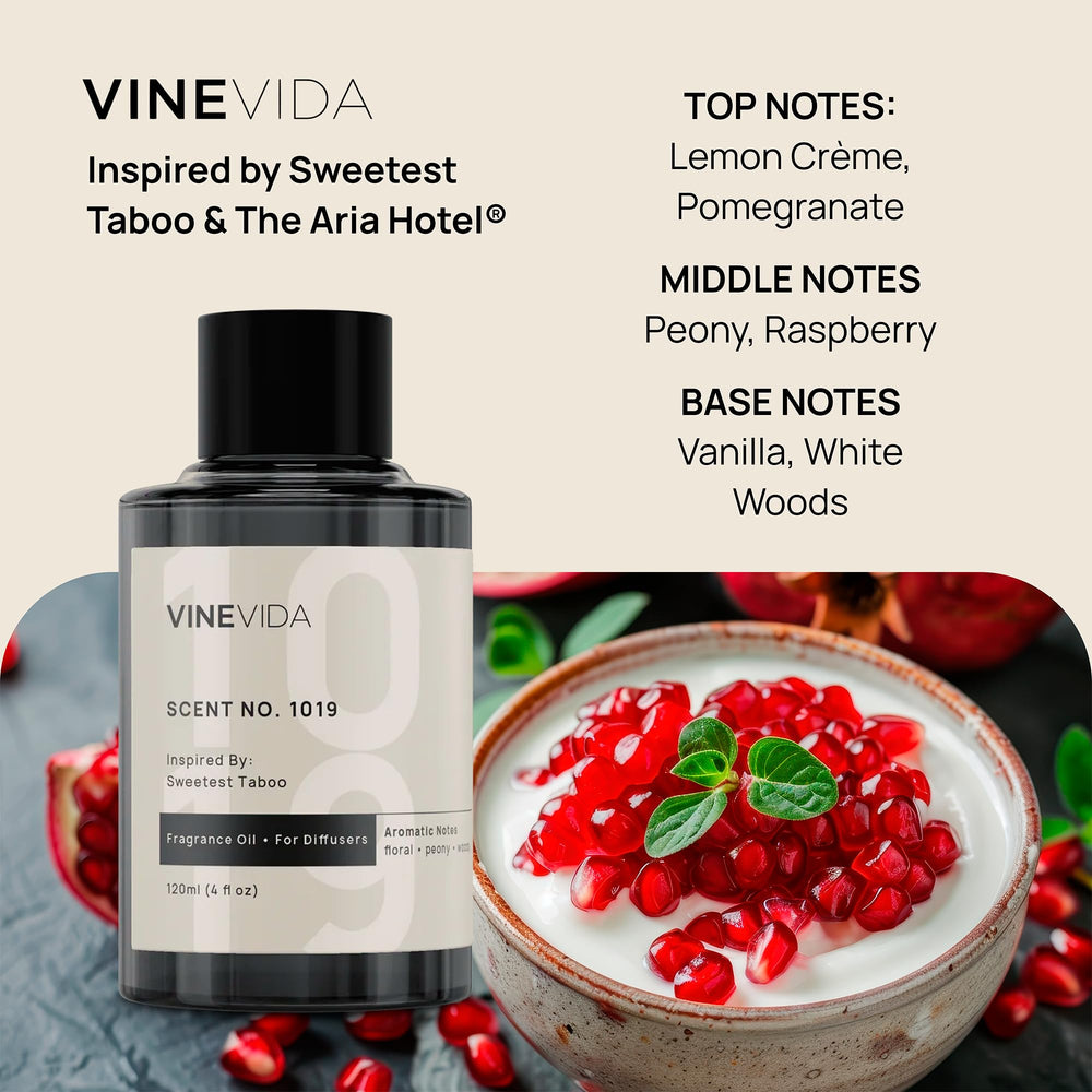 VINEVIDA No1010 scent bottle beside a plug-in diffuser for steady fragrance.